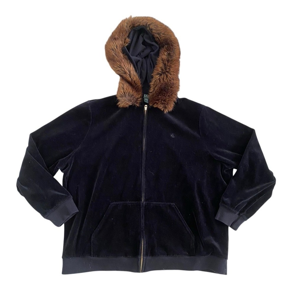 Lauren Ralph Lauren  Womens Plus Size 2X Large Black Velour Faux Fur Hood Zip